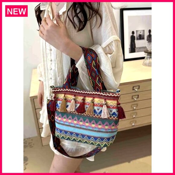Boho Crossbody Bag with Tassels, Adjustable Strap, Canvas Tote - Picture 3 of 8